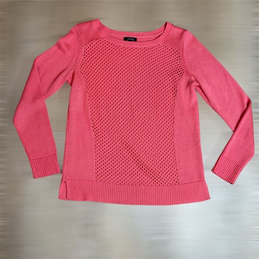 Apt. 9, Open Knit Sweater Long Sleeves Rounded Neck in Coral Pink, Women’s Small